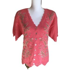 Vintage Embroidered Cardigan Sweater. Crocheted Sleeves and Hem. Salmon …